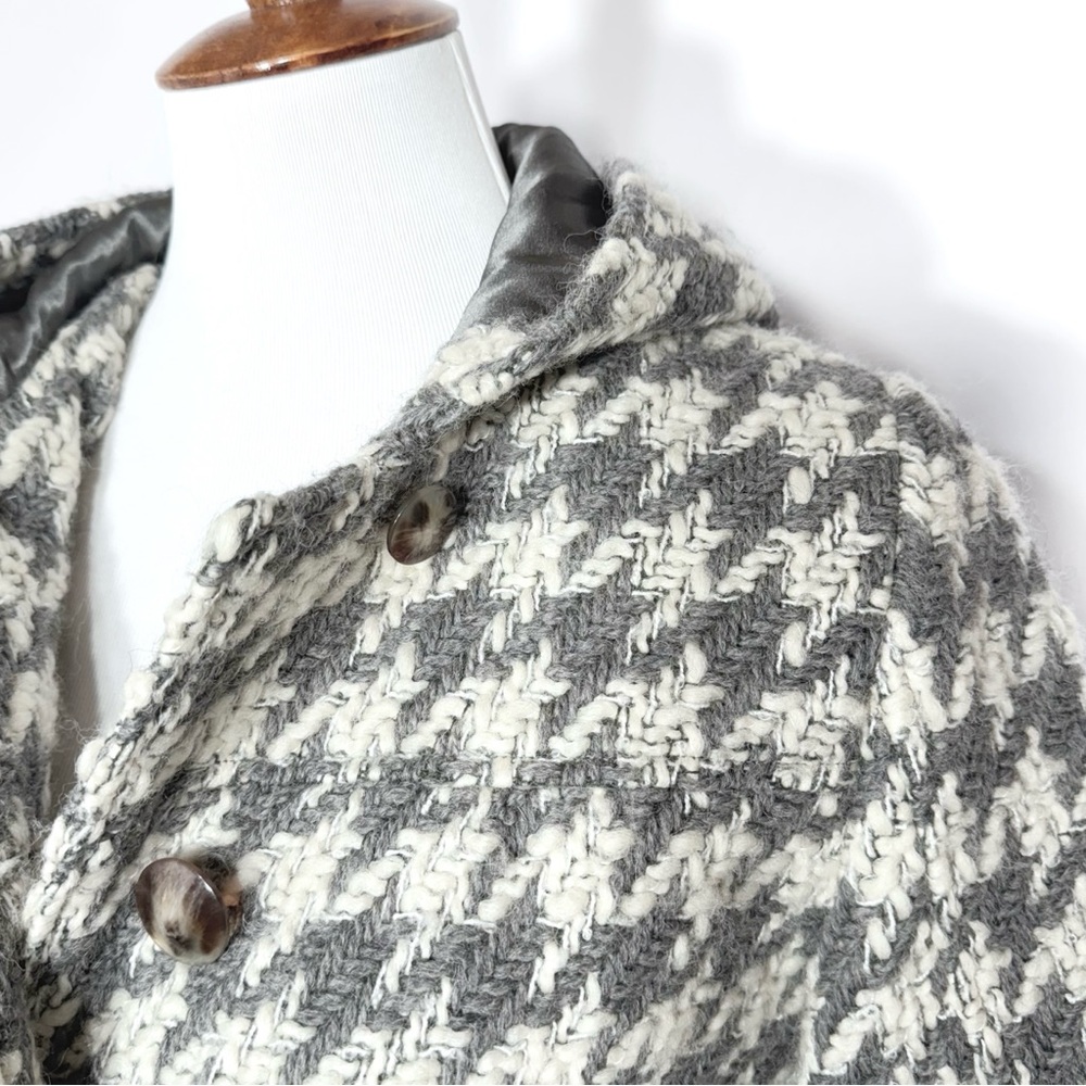 Anthropologie Houndstooth Gray Tweed Crochet 3/4 Sleeve Hooded Peacoat Jacket S - Picture 3 of 14